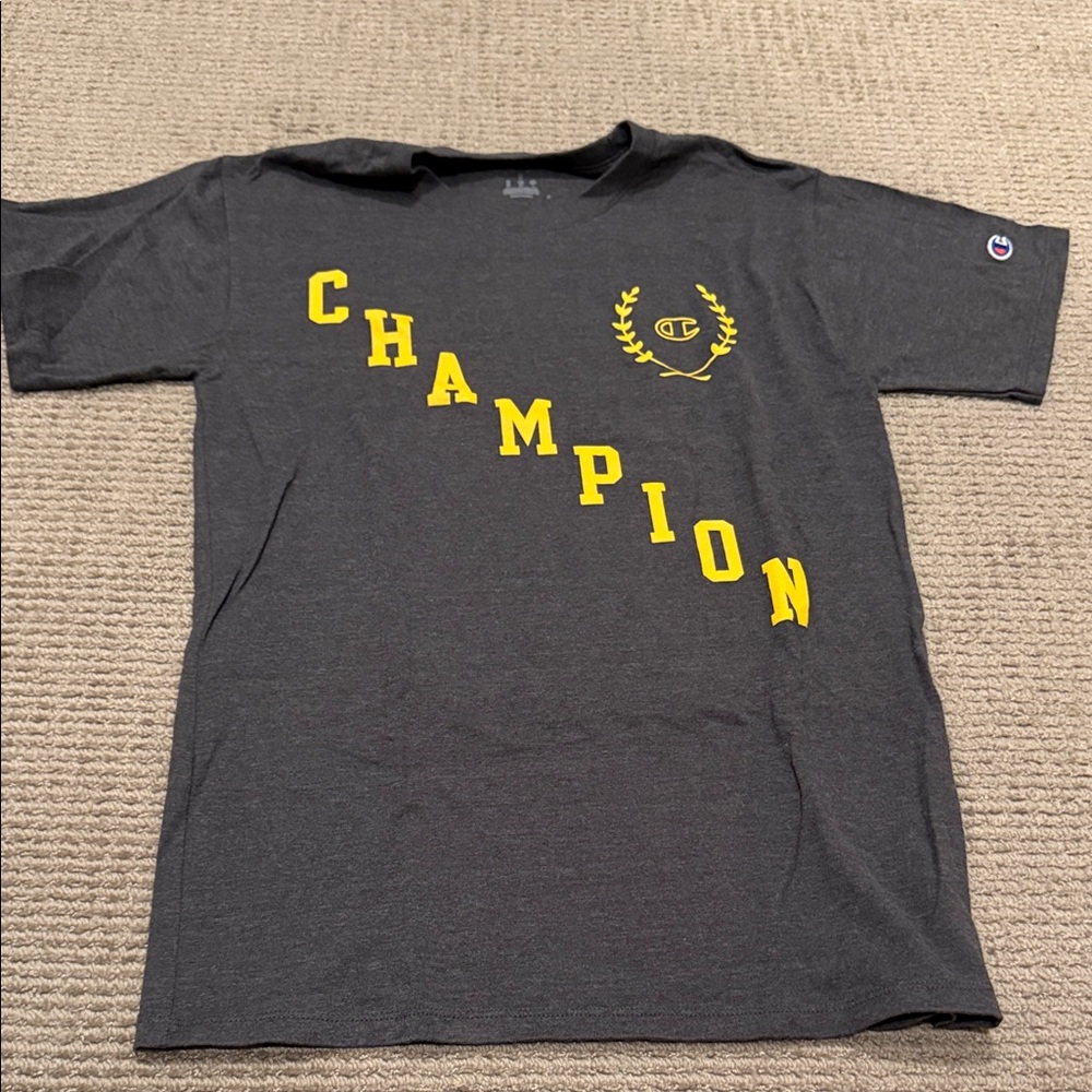 Champion Dark Gray Tee with Diagonal Yellow Lettering